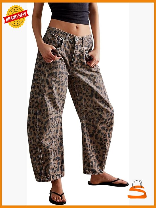 Denim - Mid Rise Wide Leg Cropped Barrel Leopard Print Y2k Baggy Denim Pants
